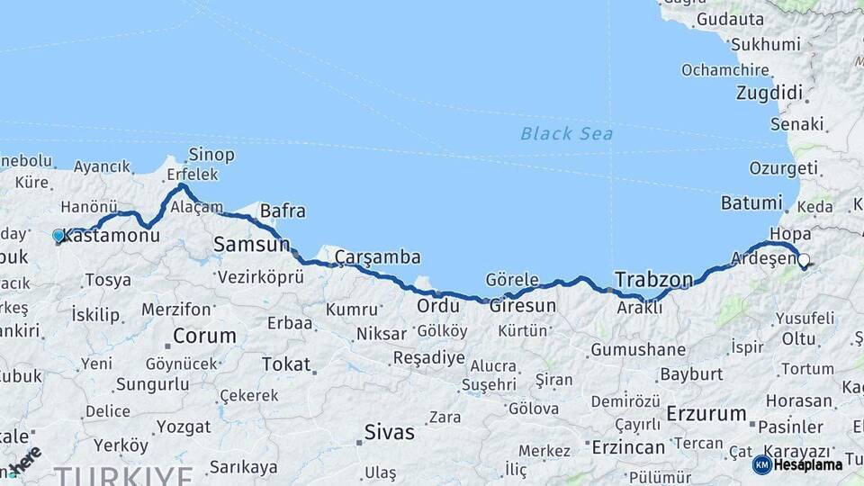 Kastamonu Artvin Arası Kaç Km - Yol Haritası
