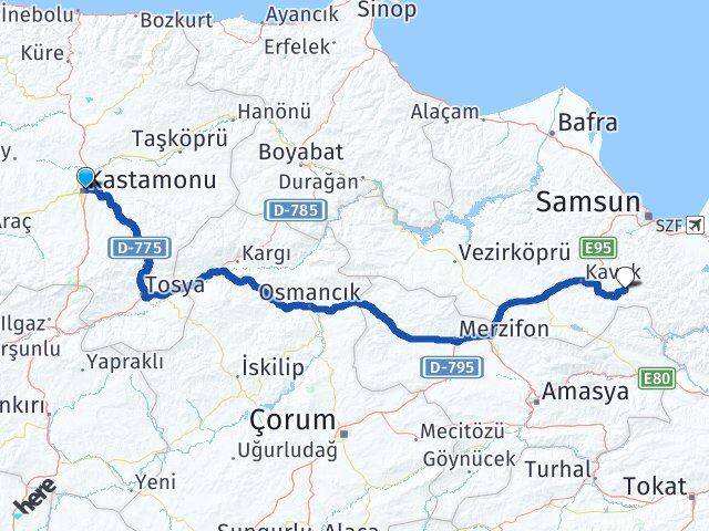 Kastamonu Asarcık Samsun Arası Kaç Km - Yol Haritası