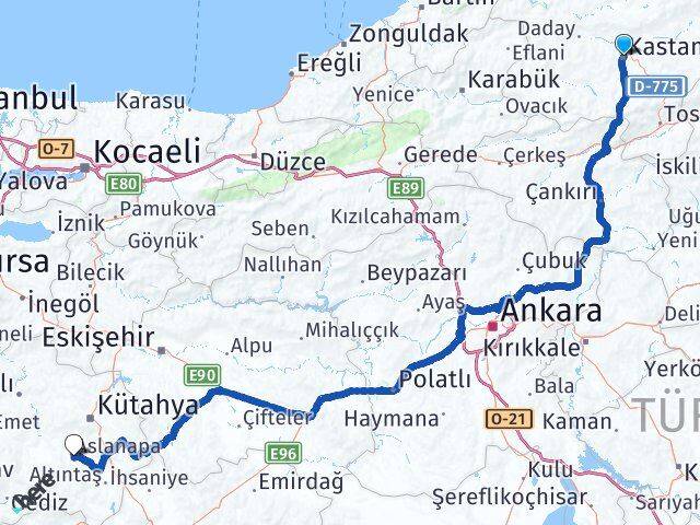Kastamonu Aslanapa Kütahya Arası Kaç Km - Yol Haritası