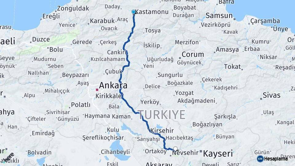 Kastamonu Avanos Nevşehir Arası Kaç Km - Yol Haritası