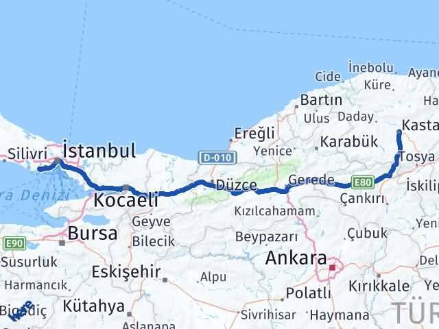 Kastamonu Avcılar İstanbul Arası Kaç Km - Yol Haritası