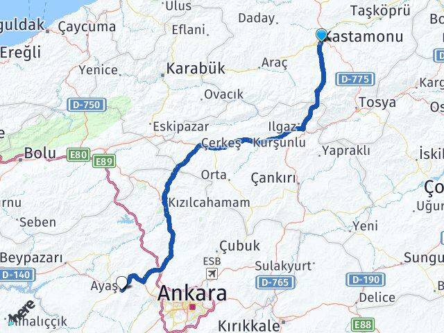 Kastamonu Ayaş Ankara Arası Kaç Km - Yol Haritası