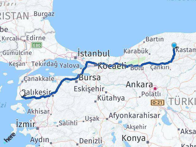 Kastamonu Ayvacık Çanakkale Arası Kaç Km - Yol Haritası