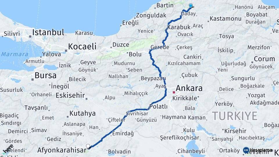 Kastamonu Azdavay Afyonkarahisar Arası Kaç Km - Yol Haritası