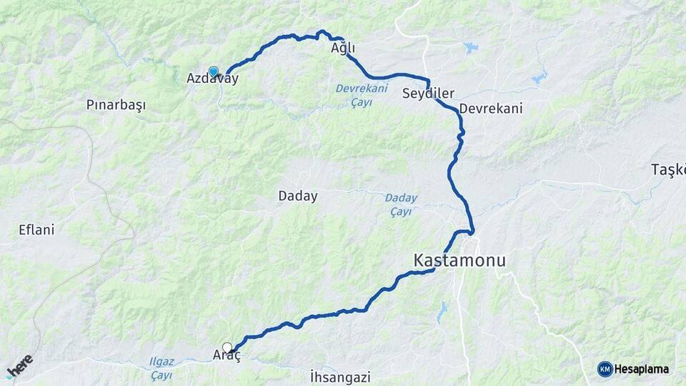 Kastamonu Azdavay Araç Arası Kaç Km - Yol Haritası
