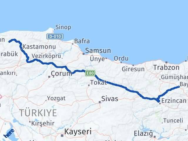 Kastamonu Azdavay Bayburt Arası Kaç Km - Yol Haritası