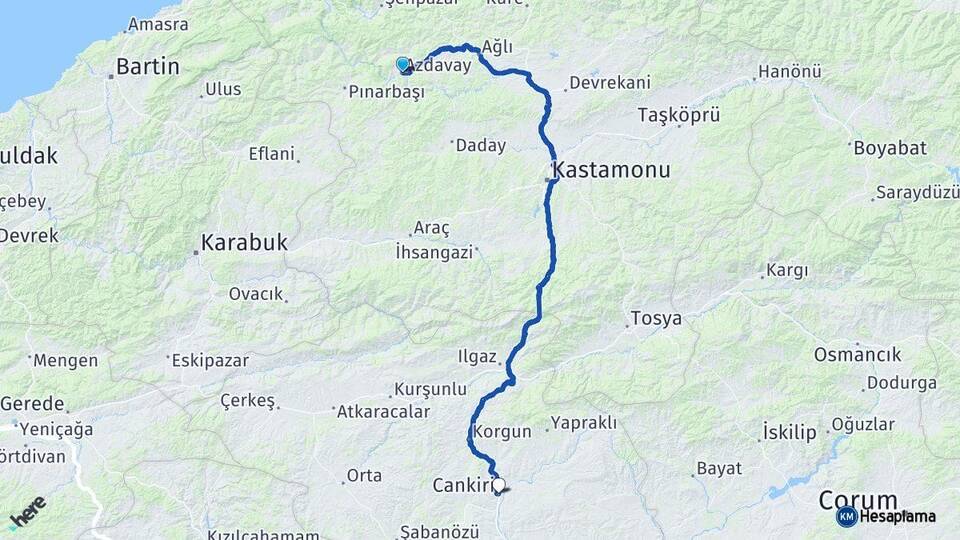 Kastamonu Azdavay Çankırı Arası Kaç Km - Yol Haritası
