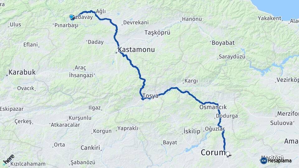 Kastamonu Azdavay Çorum Arası Kaç Km - Yol Haritası