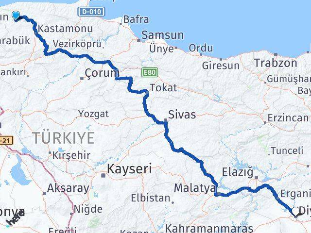 Kastamonu Azdavay Diyarbakır Arası Kaç Km - Yol Haritası