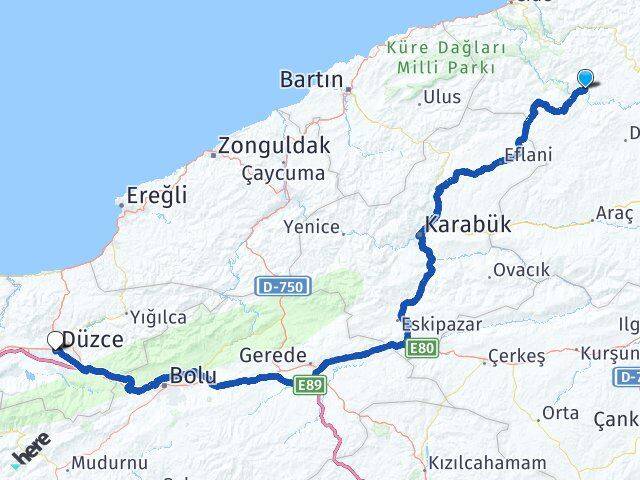 Kastamonu Azdavay Düzce Arası Kaç Km - Yol Haritası