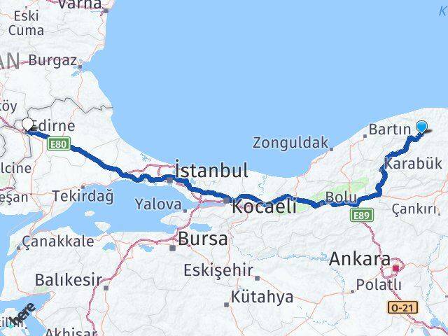 Kastamonu Azdavay Edirne Arası Kaç Km - Yol Haritası