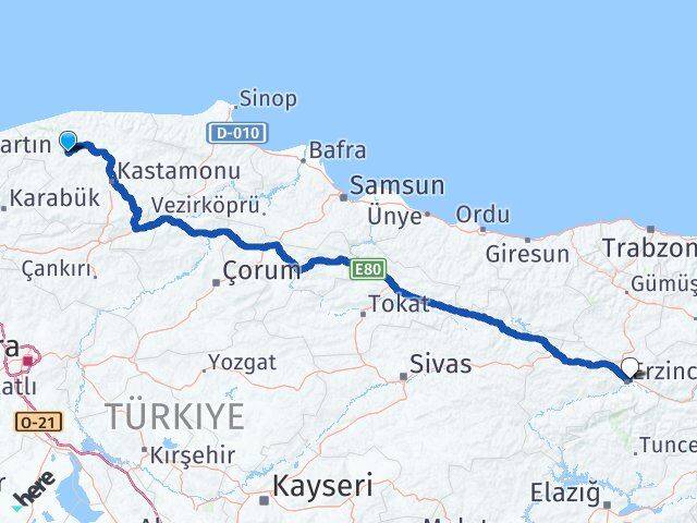 Kastamonu Azdavay Erzincan Arası Kaç Km - Yol Haritası