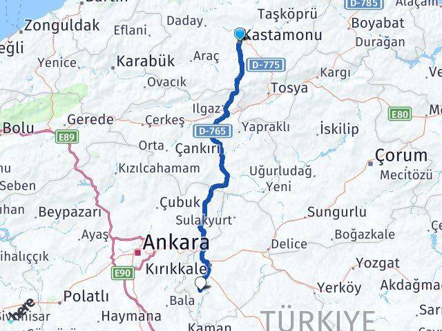 Kastamonu Bahşili Kırıkkale Arası Kaç Km - Yol Haritası