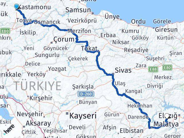 Kastamonu Baskil Elazığ Arası Kaç Km - Yol Haritası