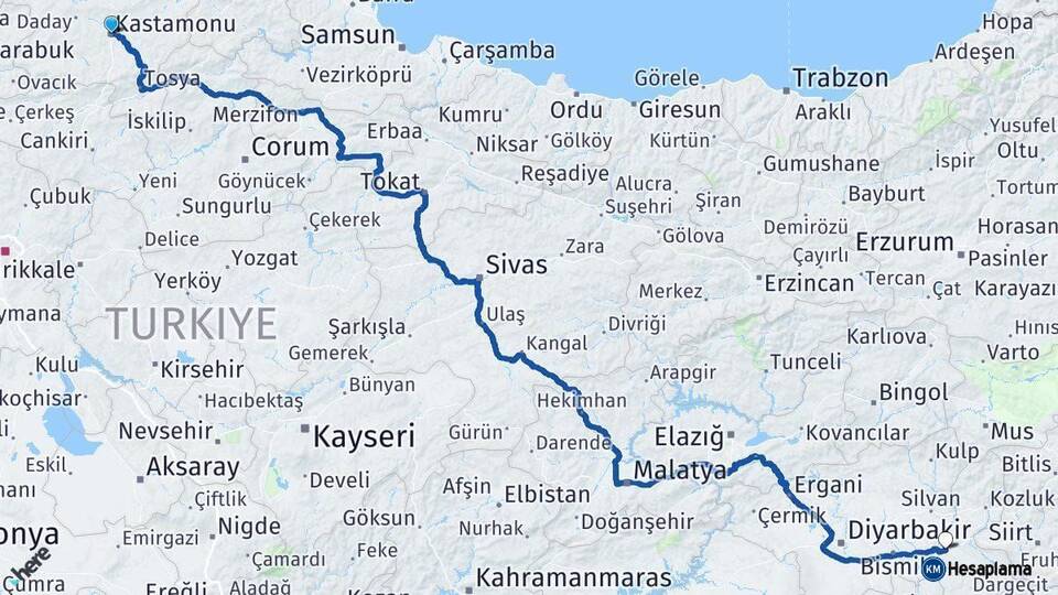 Kastamonu Batman Arası Kaç Km - Yol Haritası