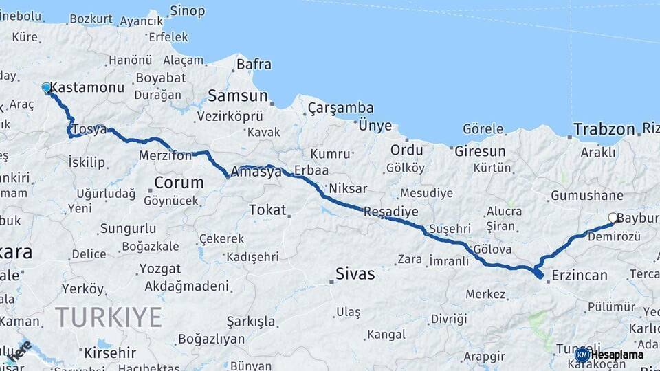 Kastamonu Bayburt Arası Kaç Km - Yol Haritası