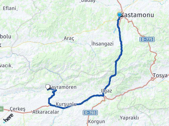 Kastamonu Bayramören Çankırı Arası Kaç Km - Yol Haritası