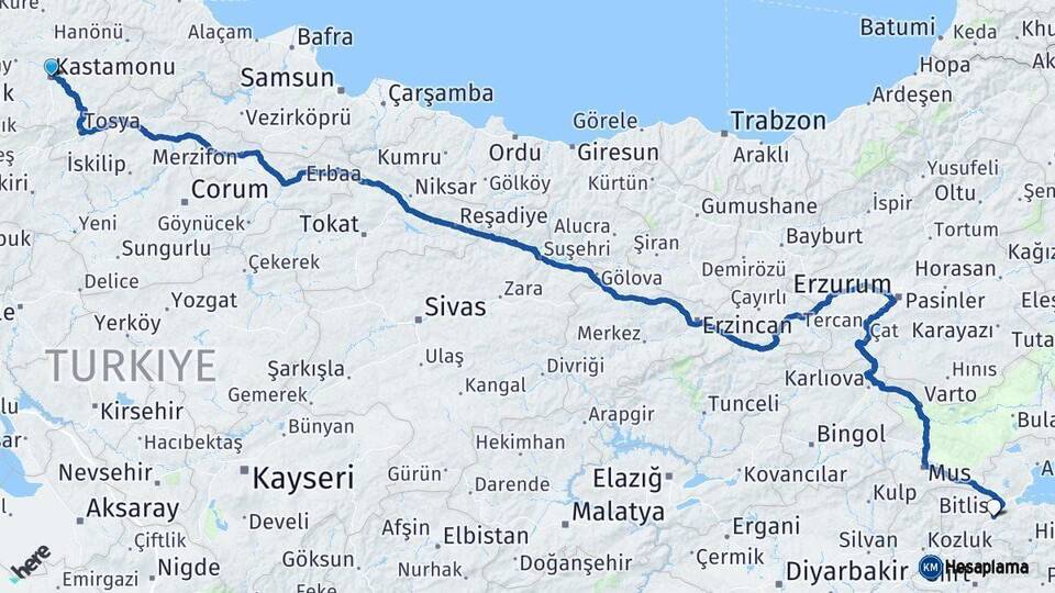 Kastamonu Bitlis Arası Kaç Km - Yol Haritası
