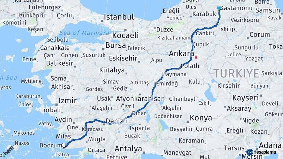 Kastamonu Bodrum Muğla Arası Kaç Km - Yol Haritası