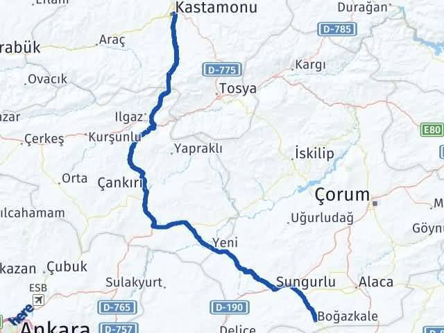 Kastamonu Boğazkale Çorum Arası Kaç Km - Yol Haritası