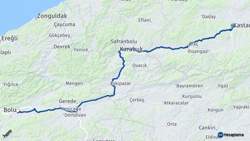 Kastamonu Bolu Arası Kaç Km - Yol Haritası