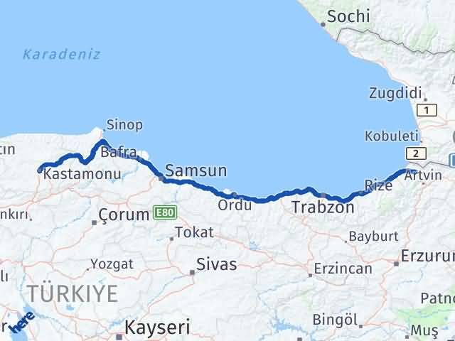 Kastamonu Borçka Artvin Arası Kaç Km - Yol Haritası