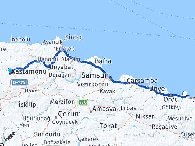 Kastamonu Bulancak Giresun Arası Kaç Km - Yol Haritası