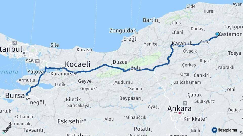 Kastamonu Bursa Arası Kaç Km - Yol Haritası