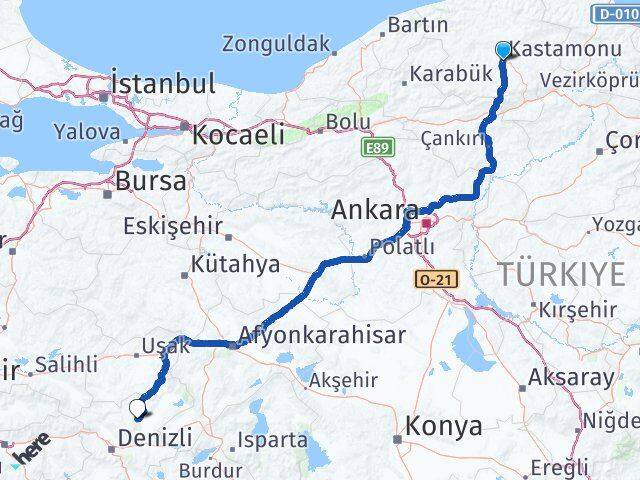 Kastamonu Çal Denizli Arası Kaç Km - Yol Haritası