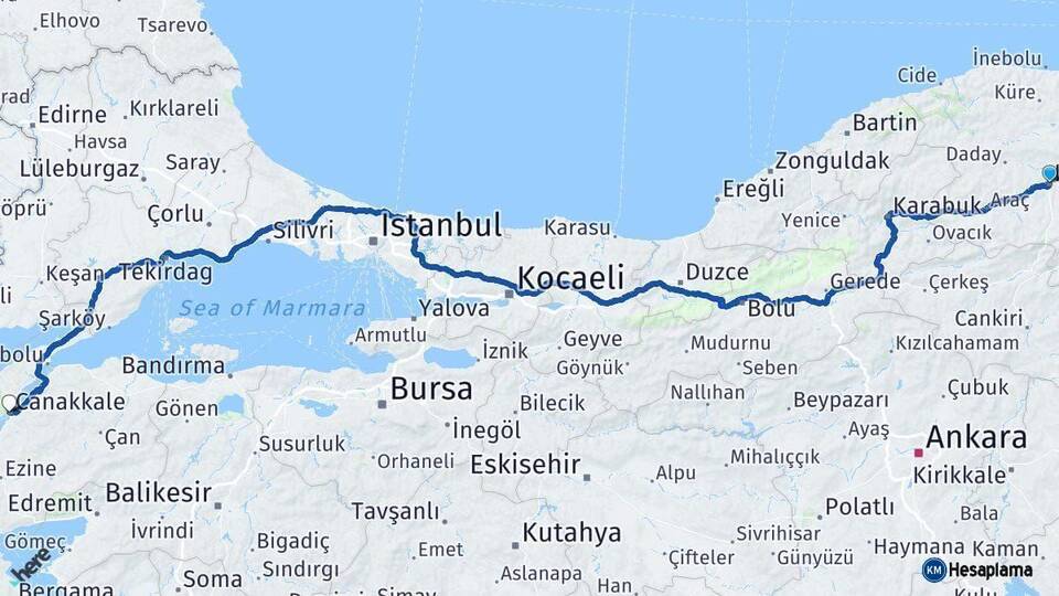 Kastamonu Çanakkale Arası Kaç Km - Yol Haritası