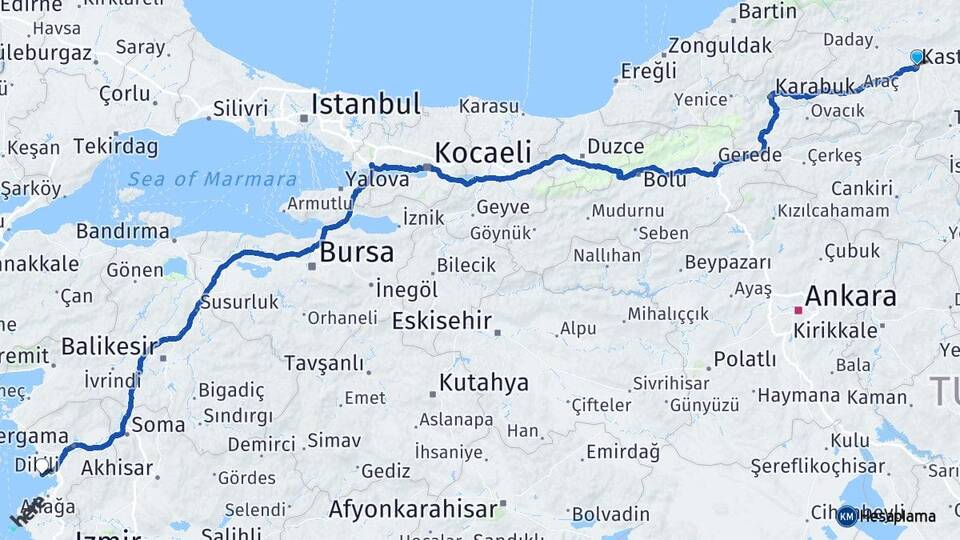 Kastamonu Çandarlı Dikili İzmir Arası Kaç Km - Yol Haritası