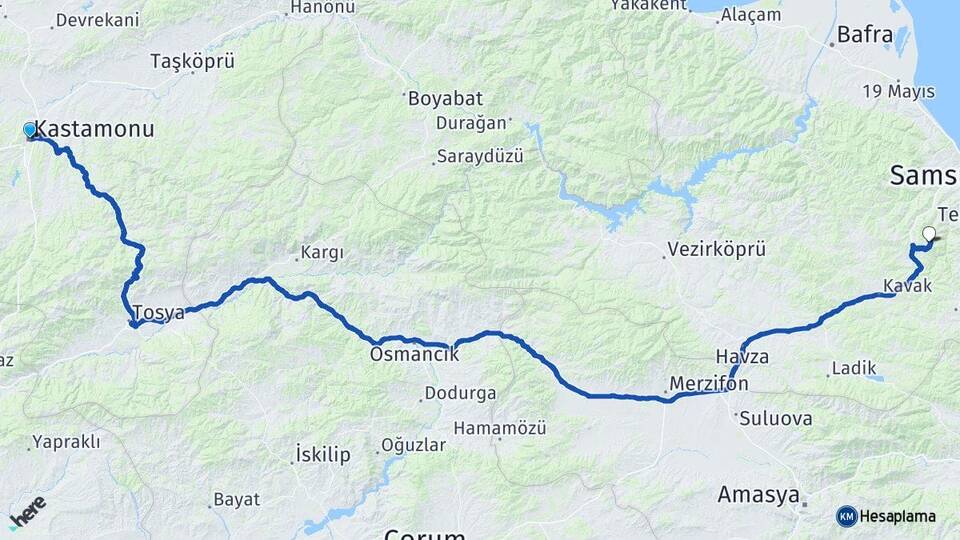 Kastamonu Canik Samsun Arası Kaç Km - Yol Haritası