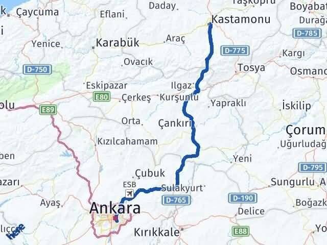 Kastamonu Çankaya Ankara Arası Kaç Km - Yol Haritası