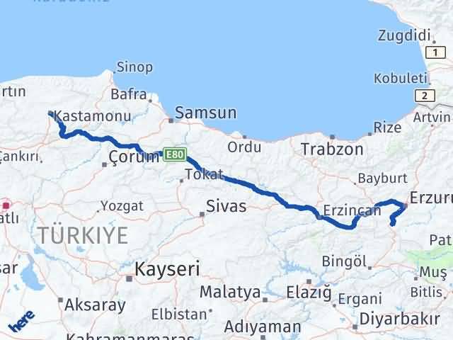 Kastamonu Çat Erzurum Arası Kaç Km - Yol Haritası