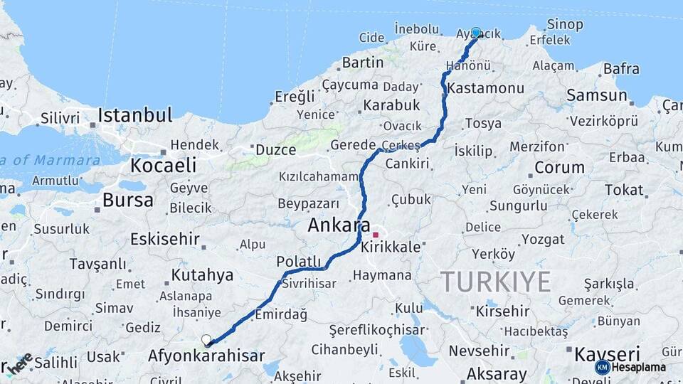 Kastamonu Çatalzeytin Afyonkarahisar Arası Kaç Km - Yol Haritası