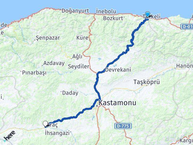 Kastamonu Çatalzeytin Araç Arası Kaç Km - Yol Haritası
