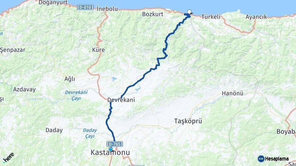Kastamonu Çatalzeytin Arası Kaç Km - Yol Haritası