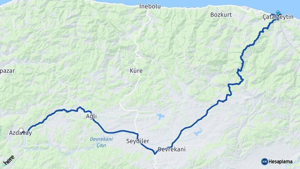 Kastamonu Çatalzeytin Azdavay Arası Kaç Km - Yol Haritası