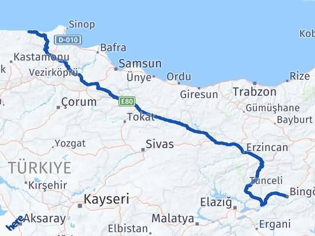 Kastamonu Çatalzeytin Bingöl Arası Kaç Km - Yol Haritası