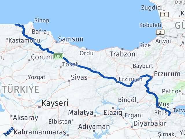 Kastamonu Çatalzeytin Bitlis Arası Kaç Km - Yol Haritası