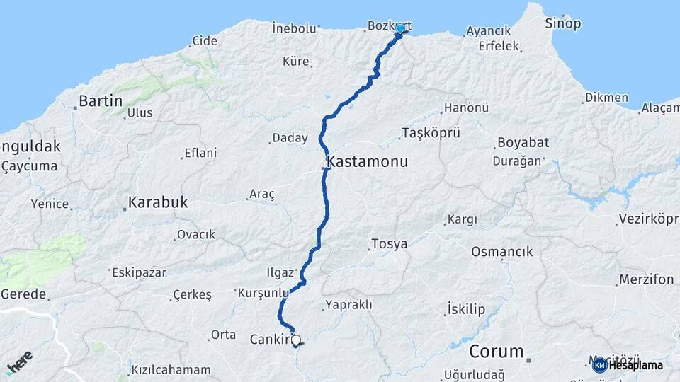 Kastamonu Çatalzeytin Çankırı Arası Kaç Km - Yol Haritası