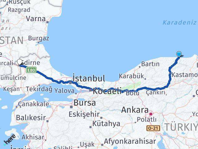Kastamonu Çatalzeytin Edirne Arası Kaç Km - Yol Haritası