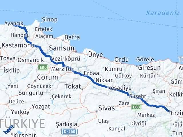 Kastamonu Çatalzeytin Erzincan Arası Kaç Km - Yol Haritası