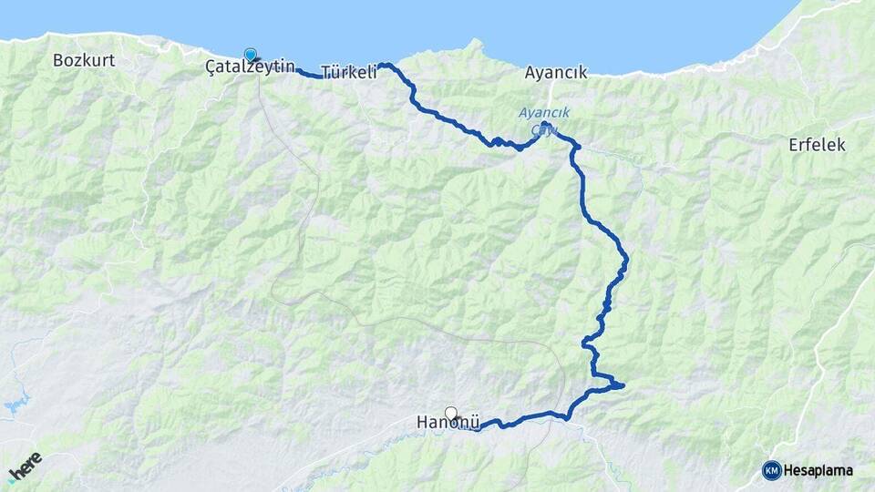 Kastamonu Çatalzeytin Hanönü Arası Kaç Km - Yol Haritası