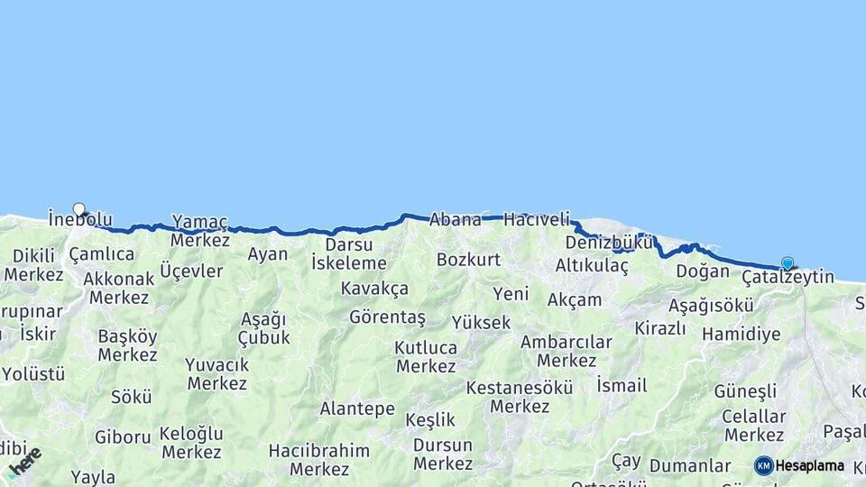 Kastamonu Çatalzeytin İnebolu Arası Kaç Km - Yol Haritası
