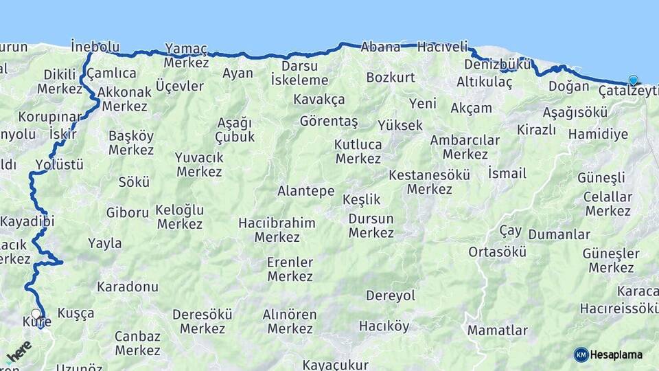 Kastamonu Çatalzeytin Küre Arası Kaç Km - Yol Haritası