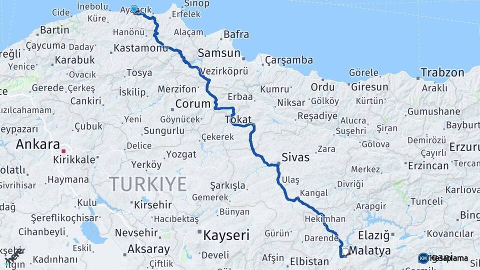 Kastamonu Çatalzeytin Malatya Arası Kaç Km - Yol Haritası