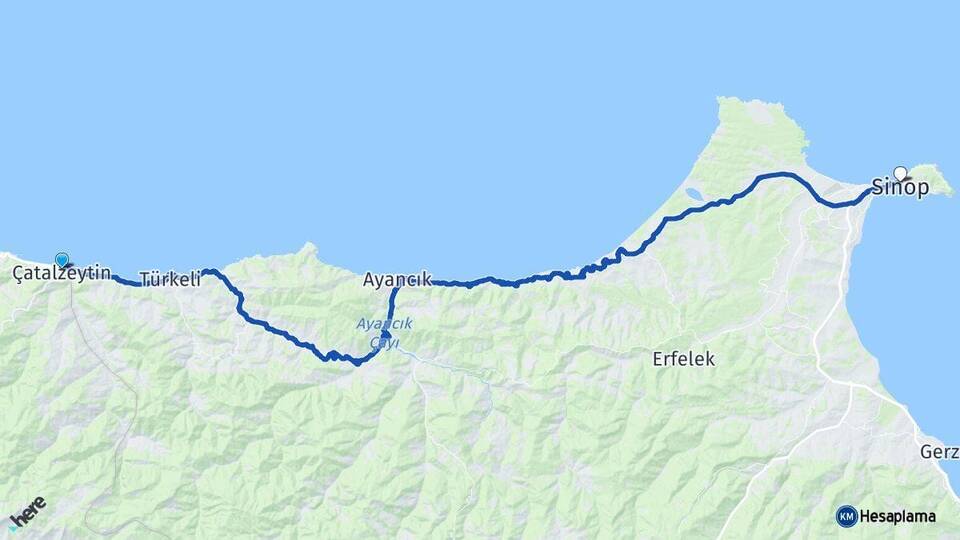 Kastamonu Çatalzeytin Sinop Arası Kaç Km - Yol Haritası