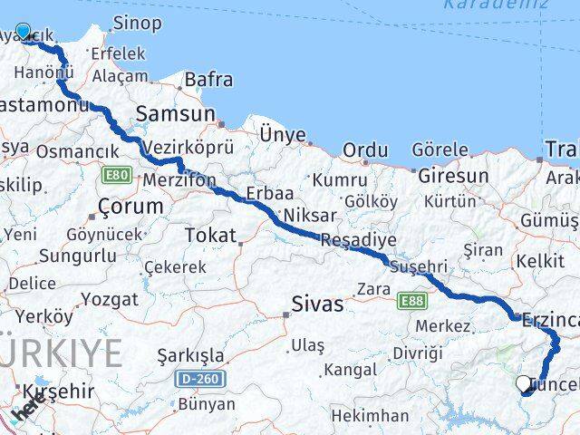 Kastamonu Çatalzeytin Tunceli Arası Kaç Km - Yol Haritası