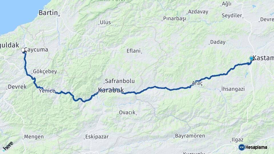 Kastamonu Çaycuma Zonguldak Arası Kaç Km - Yol Haritası